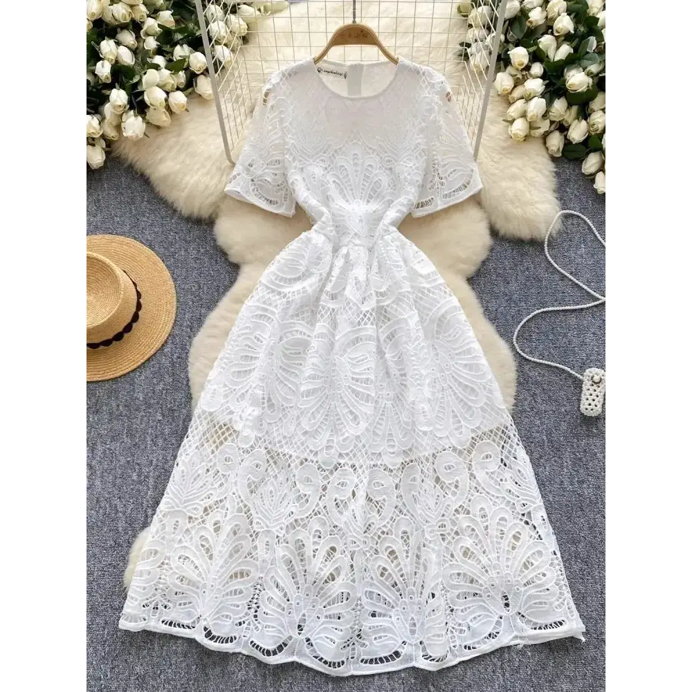 Quality Boho Embroidery White Lace Evening Wedding Dress Women Formal Occasions Short Sleeve Midi Vestidos Party Long