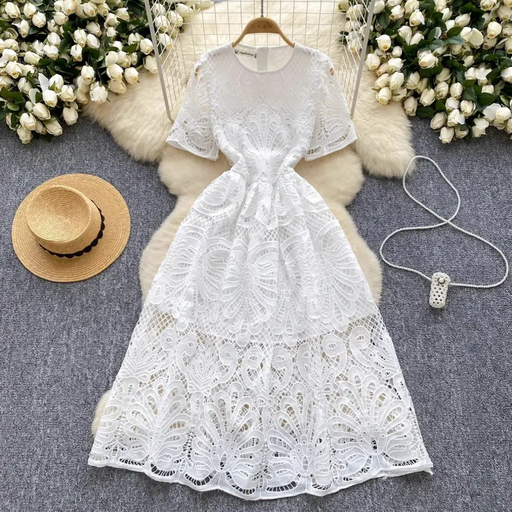 Quality Boho Embroidery White Lace Evening Wedding Dress Women Formal Occasions Short Sleeve Midi Vestidos Party Long