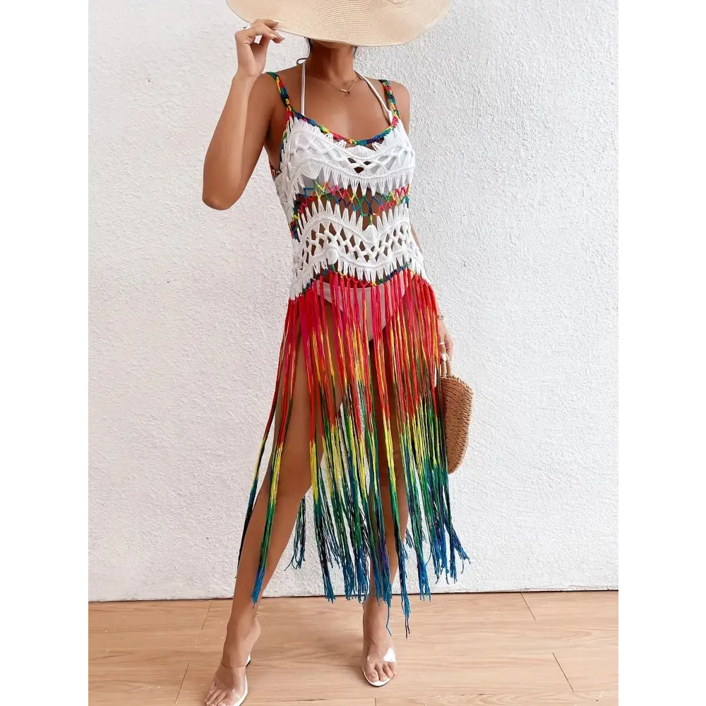 Rainbow Color Tassel Trim Cami Dress - Bohemian-Inspired Sleeveless V-Neck Cover-Up Perfect for Spring and Summer