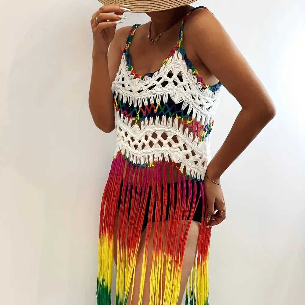 Rainbow Color Tassel Trim Cami Dress - Bohemian-Inspired Sleeveless V-Neck Cover-Up Perfect for Spring and Summer