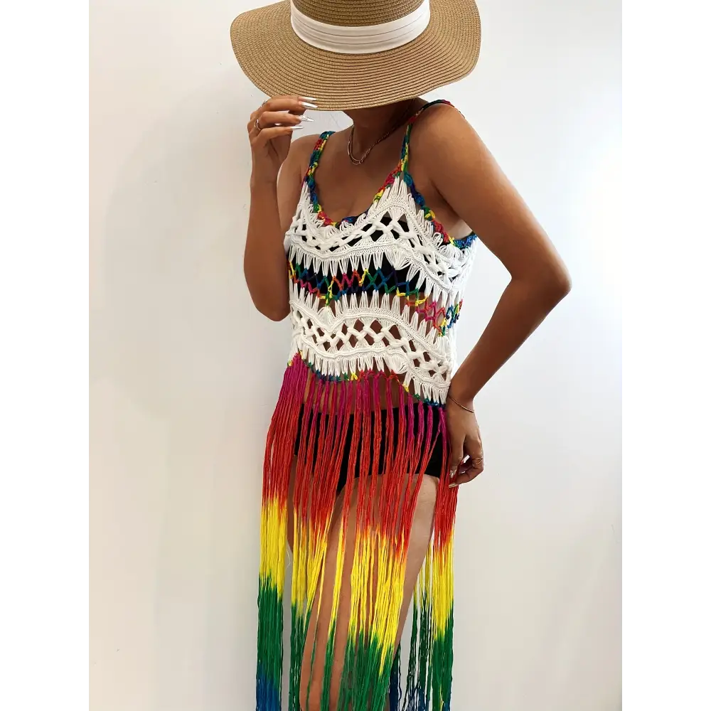 Rainbow Color Tassel Trim Cami Dress - Bohemian-Inspired Sleeveless V-Neck Cover-Up Perfect for Spring and Summer