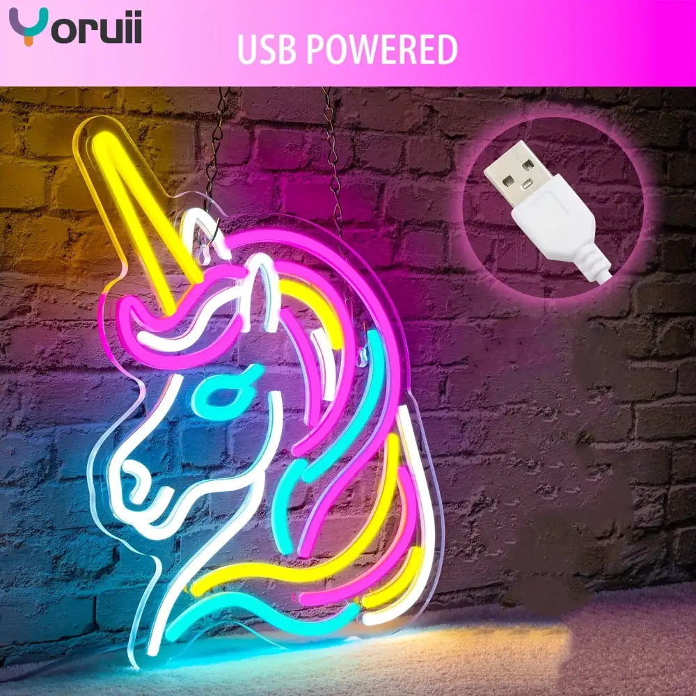 Rainbow Unicorn Horse Neon Sign - Dimmable Multicolored USB Powered Wall Decor with Switch Control for Bedroom Party &