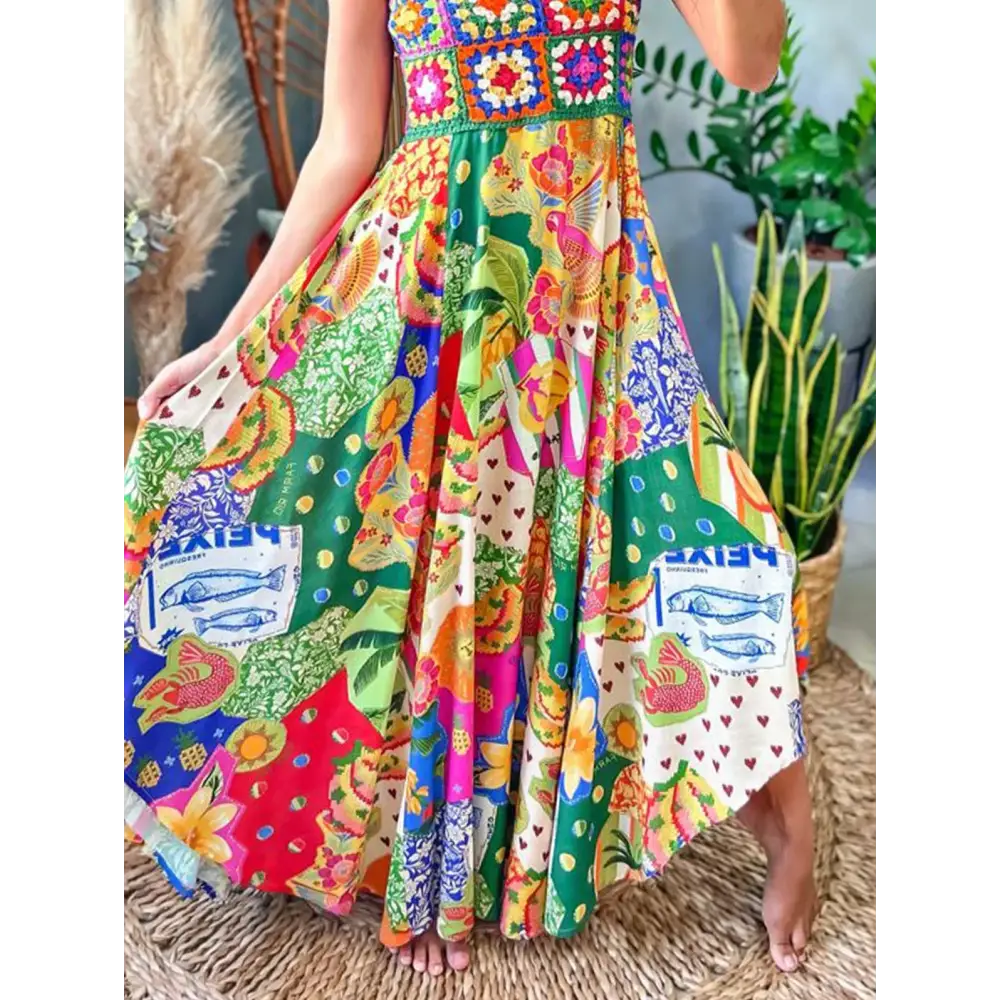 ’Retro Elegant Bohemian Maxi Dress for Women – Square Neck Sleeveless Pattern Splicing Sexy Suspender Style Casual