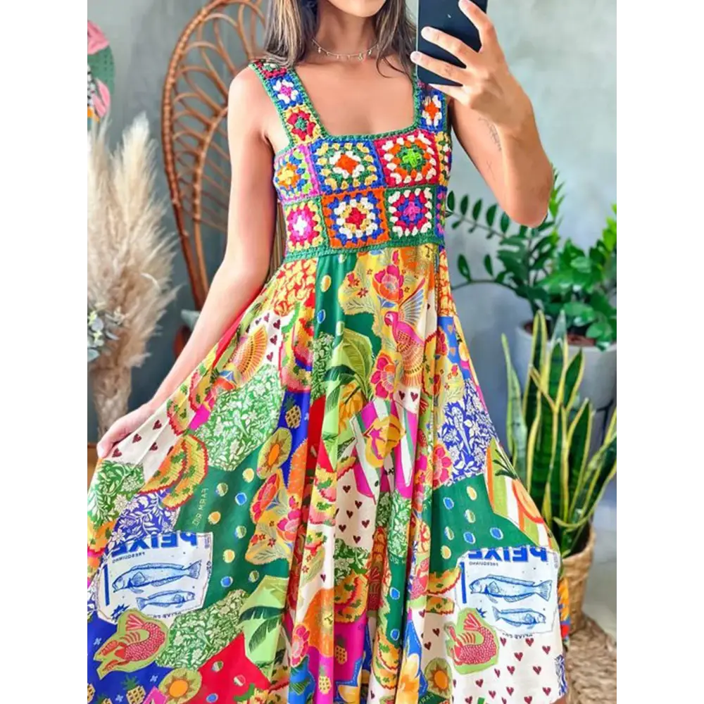 ’Retro Elegant Bohemian Maxi Dress for Women – Square Neck Sleeveless Pattern Splicing Sexy Suspender Style Casual
