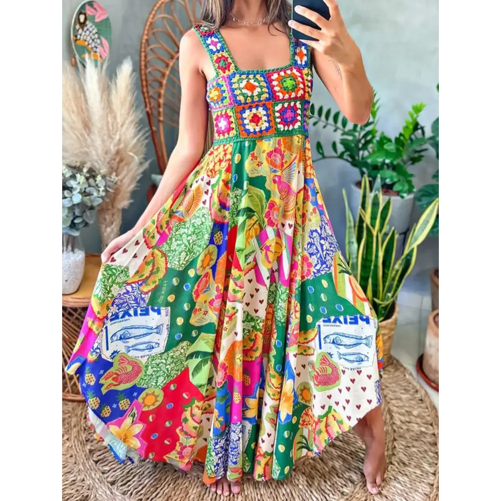 ’Retro Elegant Bohemian Maxi Dress for Women – Square Neck Sleeveless Pattern Splicing Sexy Suspender Style Casual