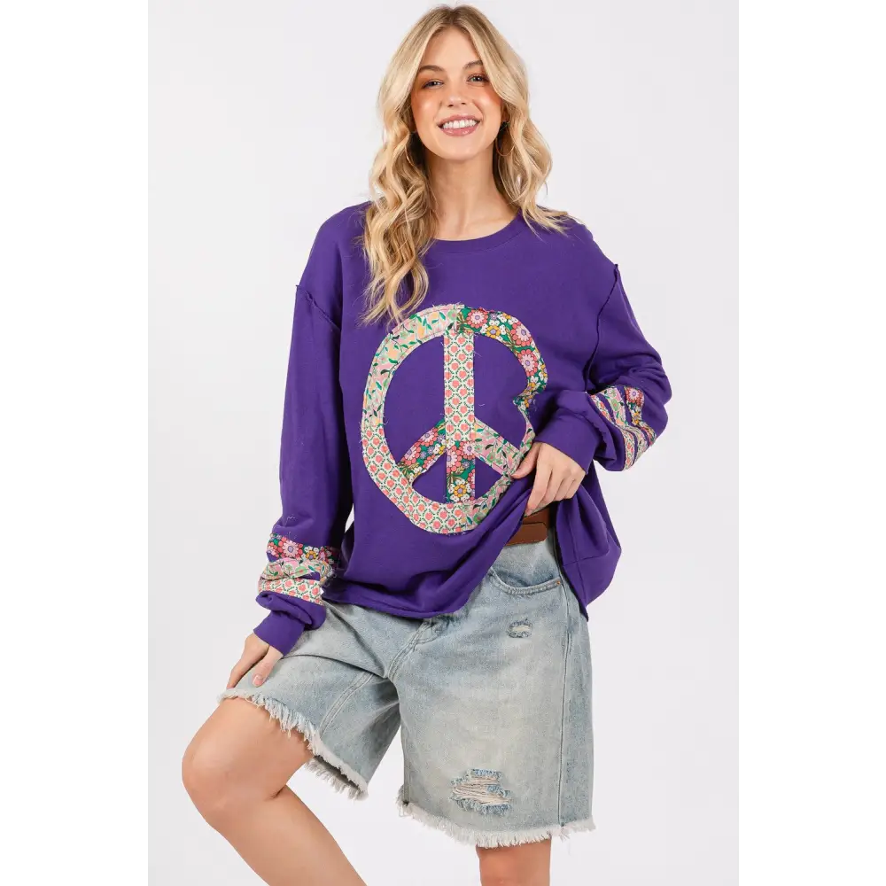 SAGE + FIG Peace Applique Patch Long Sleeve Top - Stylish & Comfortable Casual Wear - Blueberry / S - Long Sleeve Tops