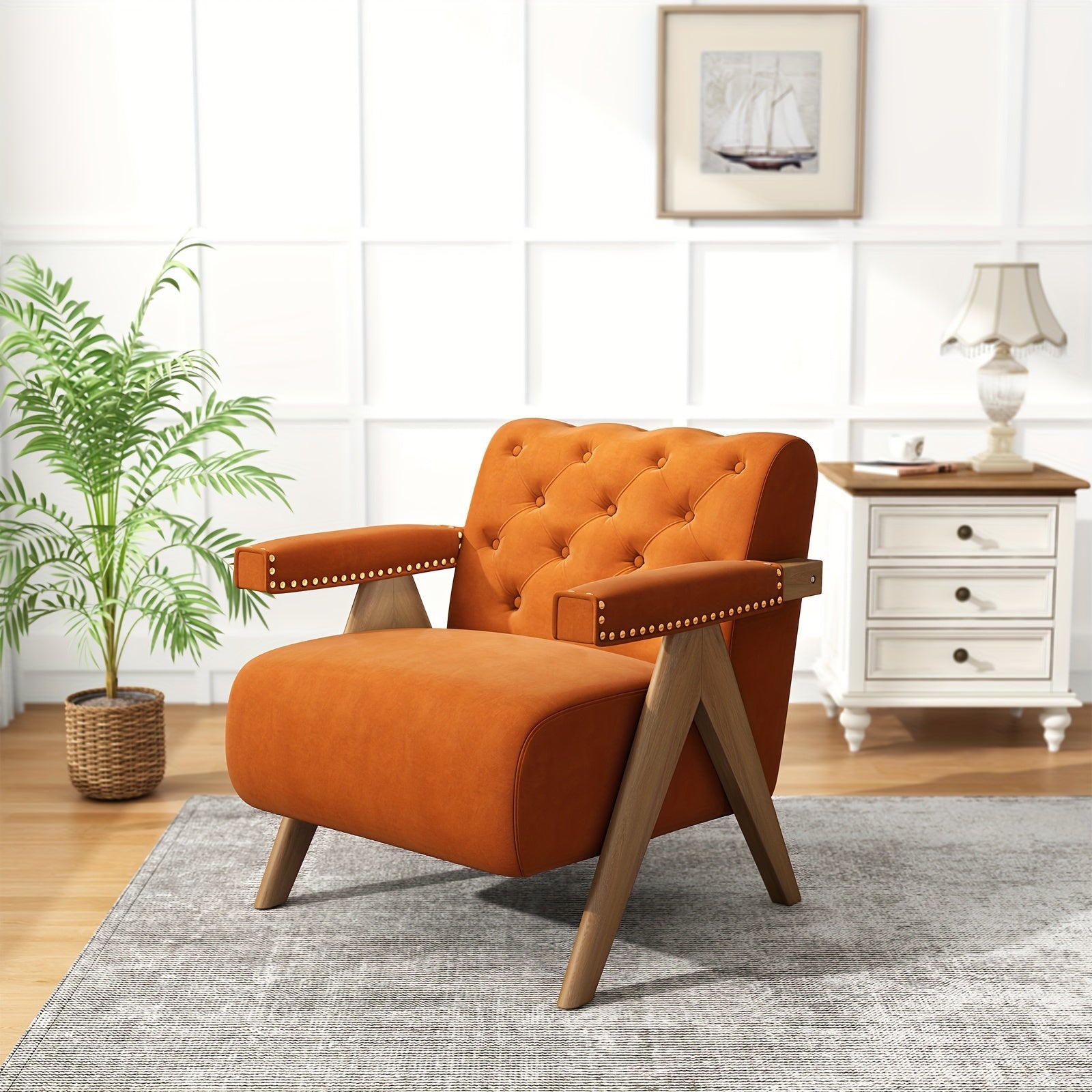 Set Of 2 Mid Century Modern Accent Chair Upholstered Living Room Chairs Armchair With Armrest Comfy Velvet Reading