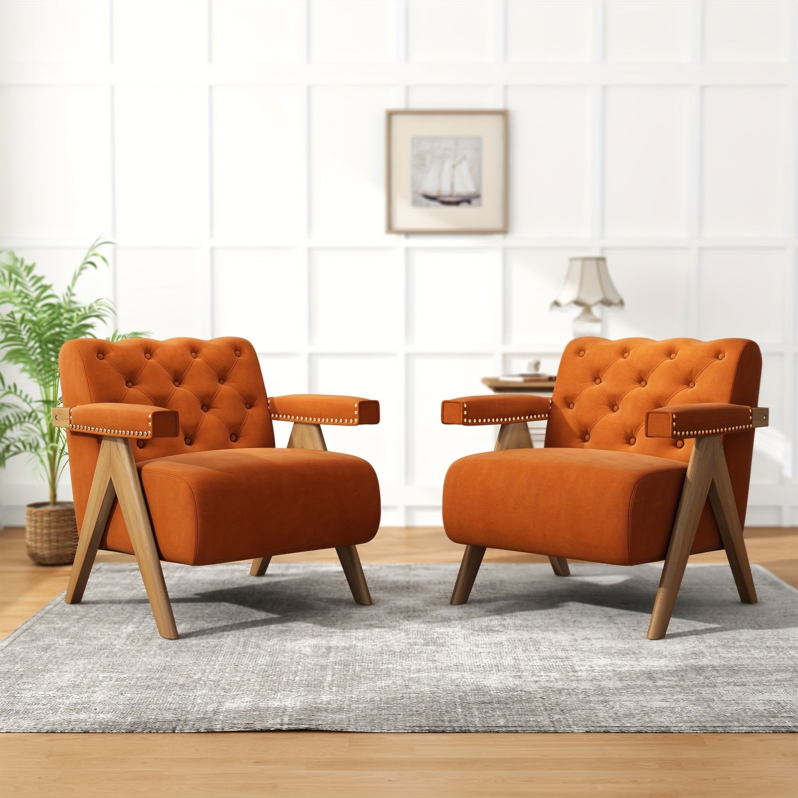 Set Of 2 Mid Century Modern Accent Chair Upholstered Living Room Chairs Armchair With Armrest Comfy Velvet Reading