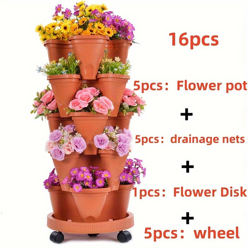 Stackable Vertical Garden Flower Pots Set – 16pcs 5-Layer System - Brown / Thicken - Vertical Planters