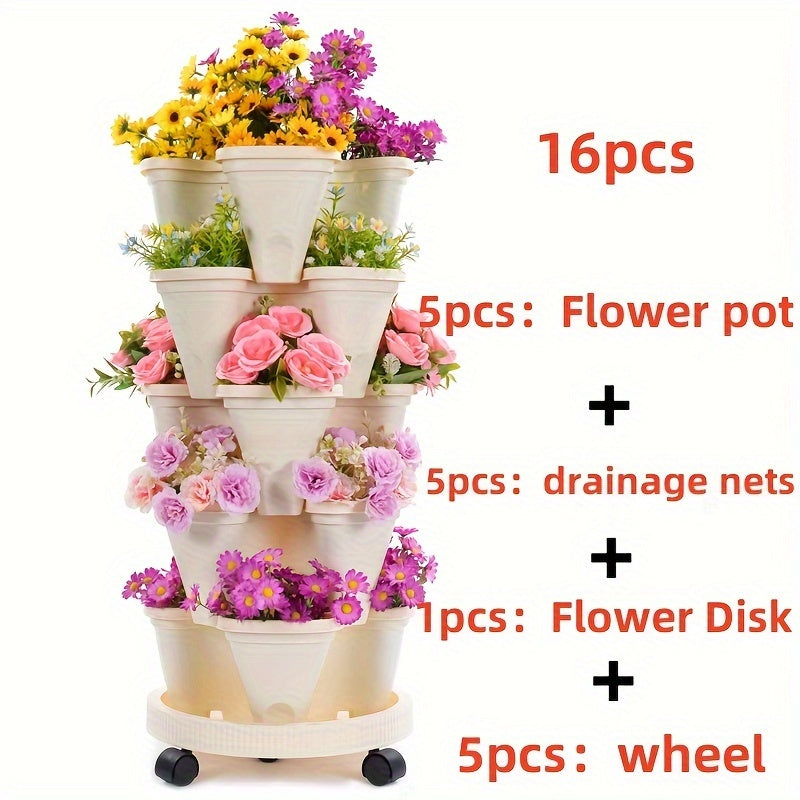 Stackable Vertical Garden Flower Pots Set – 16pcs 5-Layer System - White / Thicken - Vertical Planters