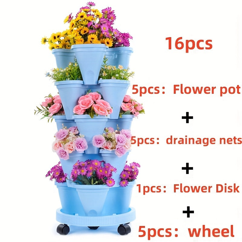 Stackable Vertical Garden Flower Pots Set – 16pcs 5-Layer System - Blue / Thicken - Vertical Planters