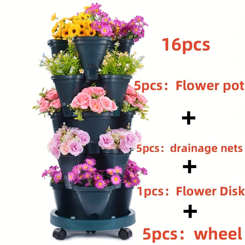 Stackable Vertical Garden Flower Pots Set – 16pcs 5-Layer System - Dark Green / Thicken - Vertical Planters