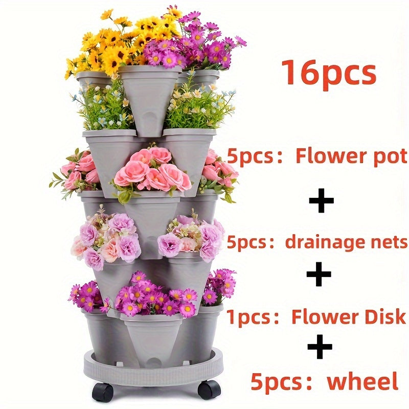 Stackable Vertical Garden Flower Pots Set – 16pcs 5-Layer System - grey / Thicken - Vertical Planters