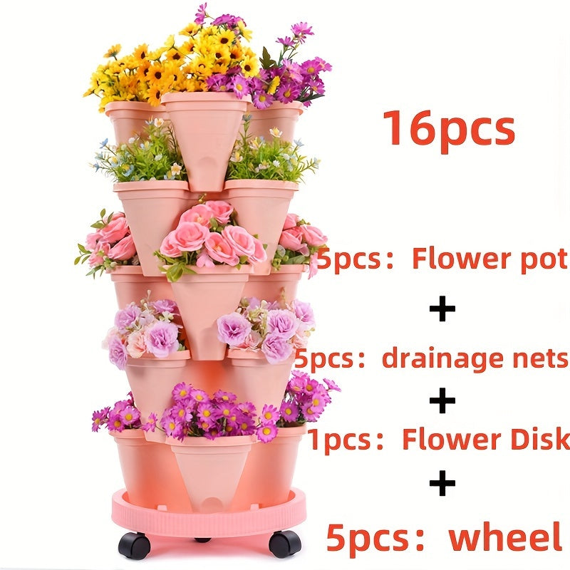 Stackable Vertical Garden Flower Pots Set – 16pcs 5-Layer System - Pink / Thicken - Vertical Planters