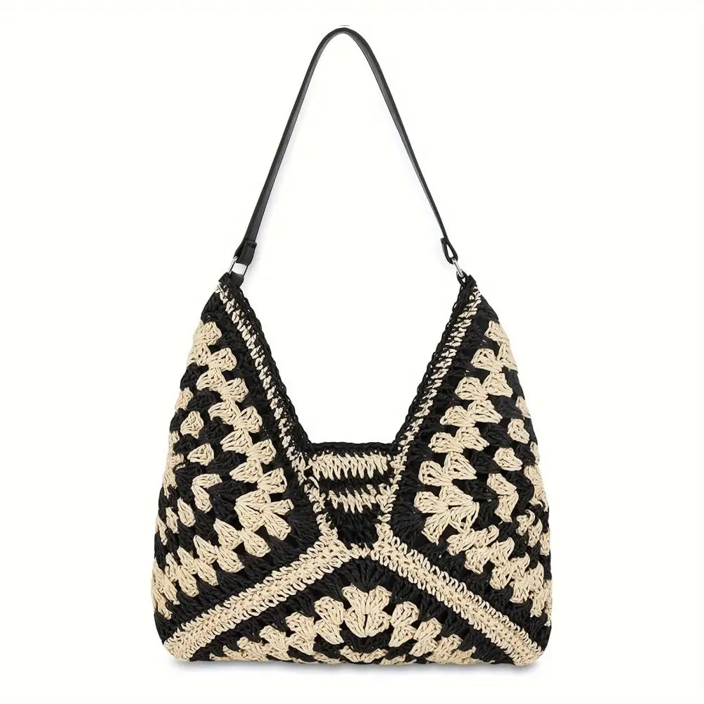 Straw Hobo Beach Tote Bag - Boho Woven Crochet Shoulder Bag Foldable Handbag for Summer Travel & Vacation - Black