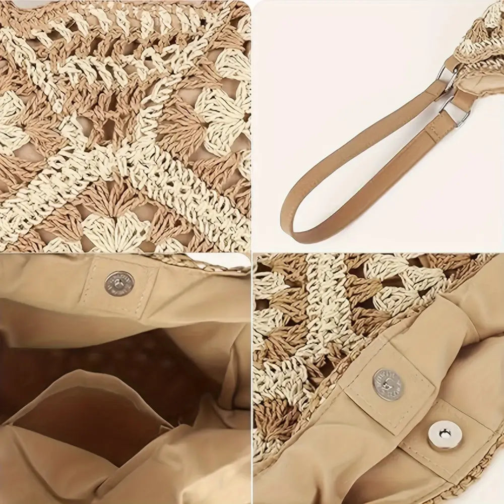 Straw Hobo Beach Tote Bag - Boho Woven Crochet Shoulder Bag Foldable Handbag for Summer Travel & Vacation - Handbag