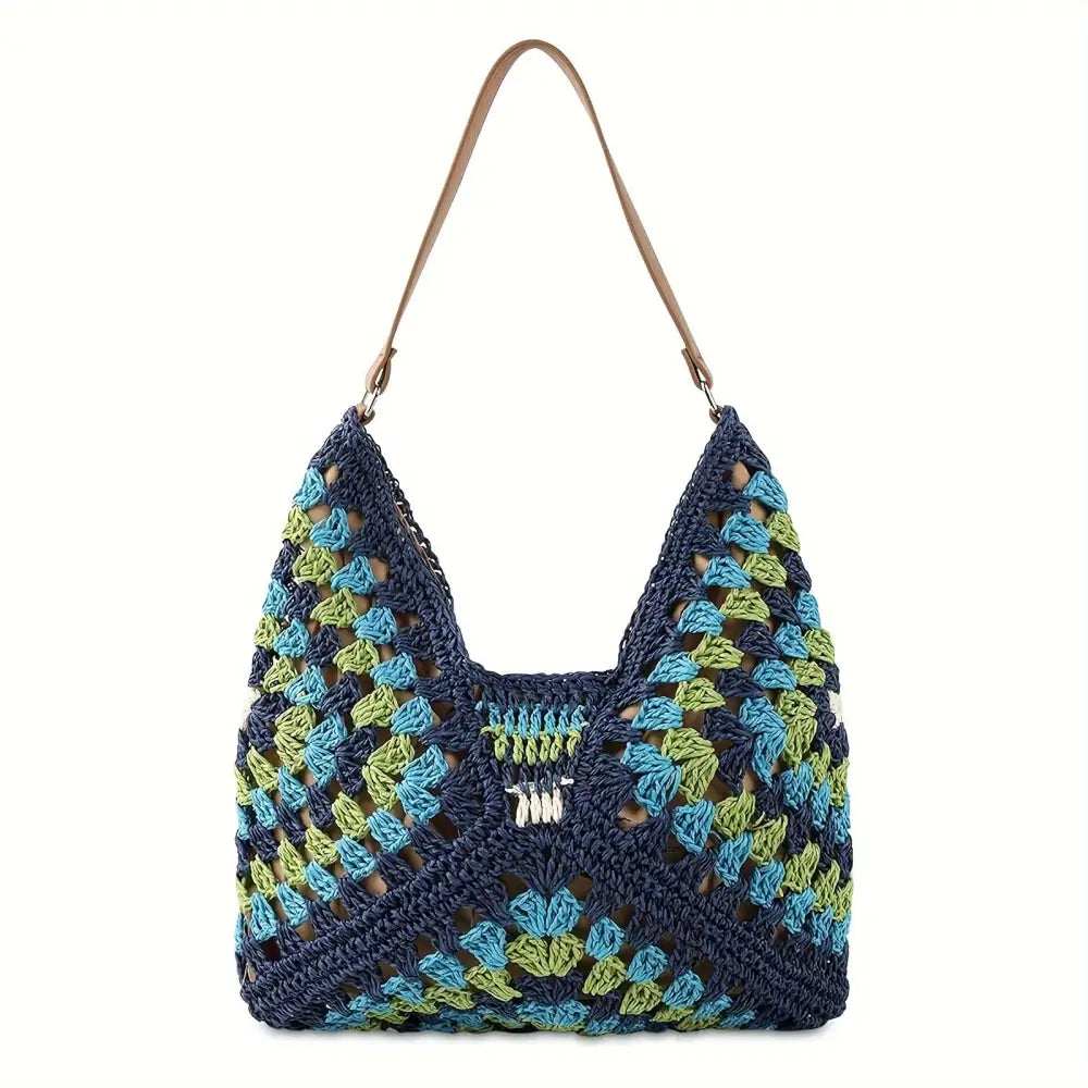 Straw Hobo Beach Tote Bag - Boho Woven Crochet Shoulder Bag Foldable Handbag for Summer Travel & Vacation - Navy Blue