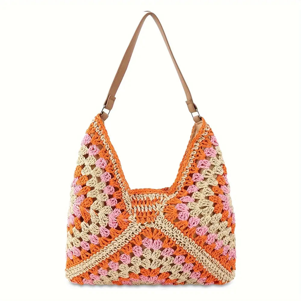 Straw Hobo Beach Tote Bag - Boho Woven Crochet Shoulder Bag Foldable Handbag for Summer Travel & Vacation - Handbag