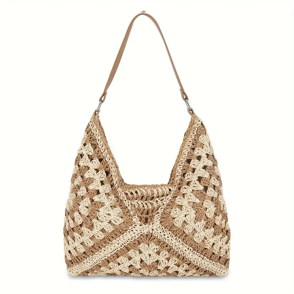 Straw Hobo Beach Tote Bag - Boho Woven Crochet Shoulder Bag Foldable Handbag for Summer Travel & Vacation - Brown