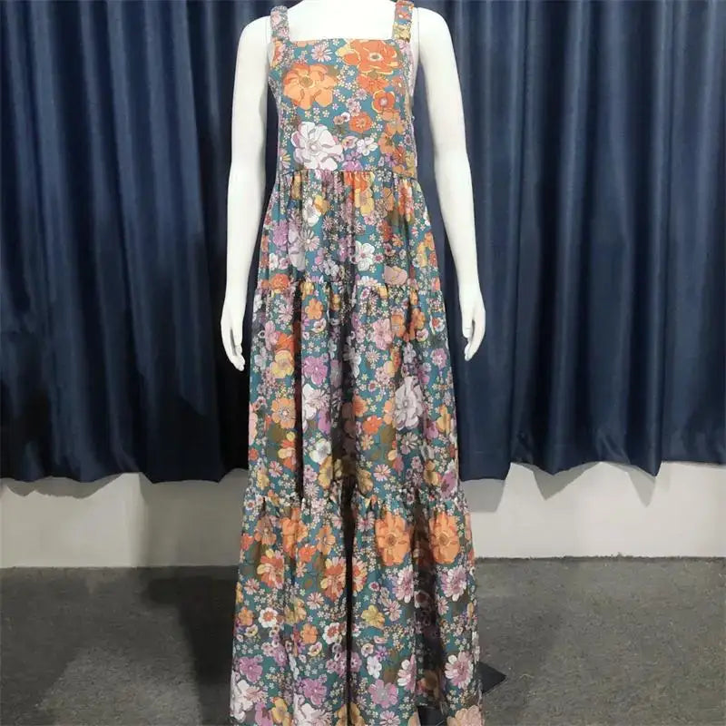 Summer Bohemian Floral Long Dress - Elegant Backless Strap Maxi Swing Beach Dress for Women - Maxi Dresses