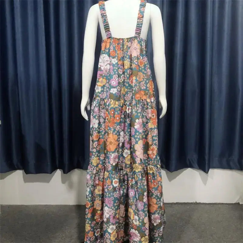 Summer Bohemian Floral Long Dress - Elegant Backless Strap Maxi Swing Beach Dress for Women - Maxi Dresses