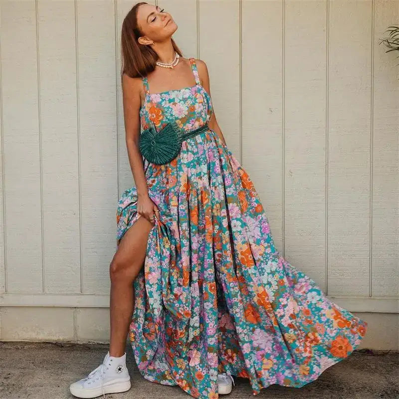 Summer Bohemian Floral Long Dress - Elegant Backless Strap Maxi Swing Beach Dress for Women - Mixed / L - Maxi Dresses