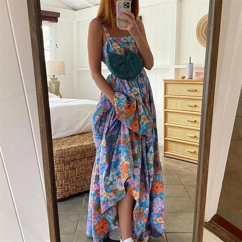 Summer Bohemian Floral Long Dress - Elegant Backless Strap Maxi Swing Beach Dress for Women - Maxi Dresses