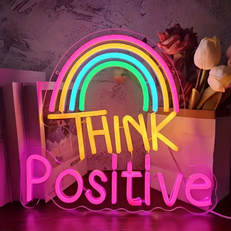 THINK Positive Inspirational LED Neon Sign - Colorful Rainbow Wall Decor USB Powered for Home Bedroom Office - Pink