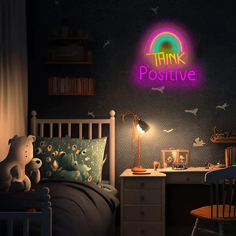 THINK Positive Inspirational LED Neon Sign - Colorful Rainbow Wall Decor USB Powered for Home Bedroom Office - Pink