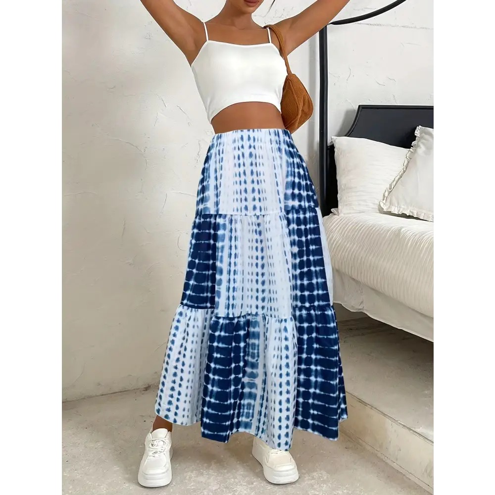 Tie Dye Elastic Waist A-line Skirt - Casual Ruffle Hem for Spring & Summer Women’s Clothing - Skirt
