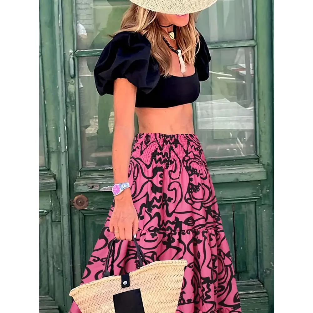 Trendy Abstract Print Maxi Skirt - High-Waisted Shirred Details - Perfect for Casual to Dressy Occasions - High Waisted