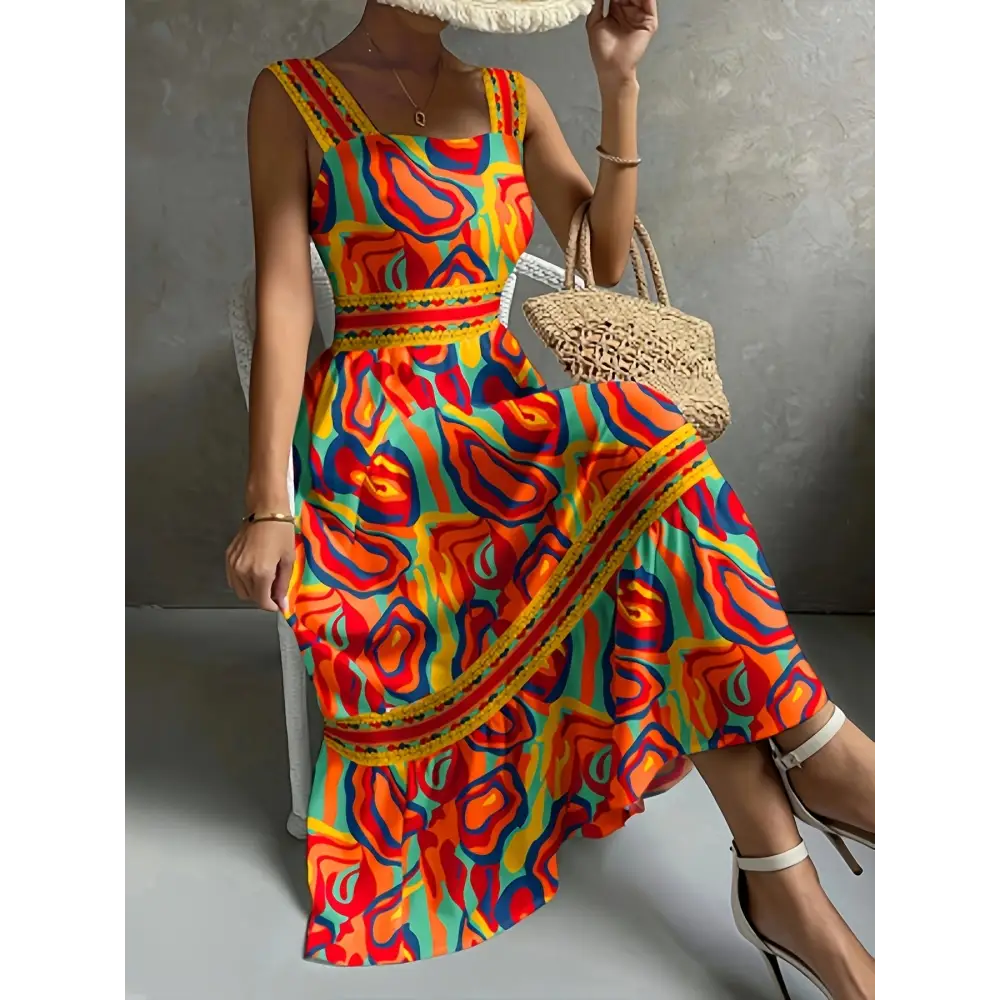 Vibrant Allover Print Wide Strap A-line Maxi Dress - Sleeveless Flowy and Comfortable for Spring & Summer - Dress