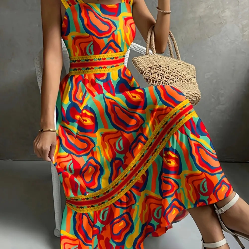 Vibrant Allover Print Wide Strap A-line Maxi Dress - Sleeveless Flowy and Comfortable for Spring & Summer - Mixed Color