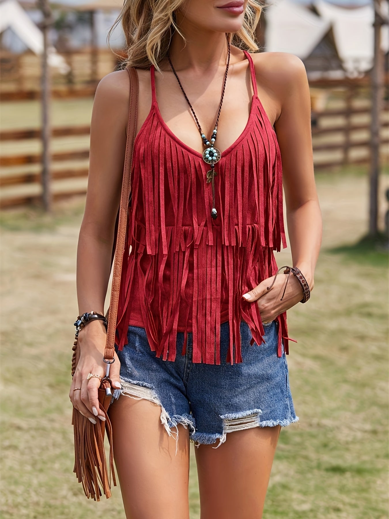 Vibrant Fringe Spaghetti Strap Cami Top – Casual Chic V-Neck Sleeveless Summer Essential for Women - Tank Top