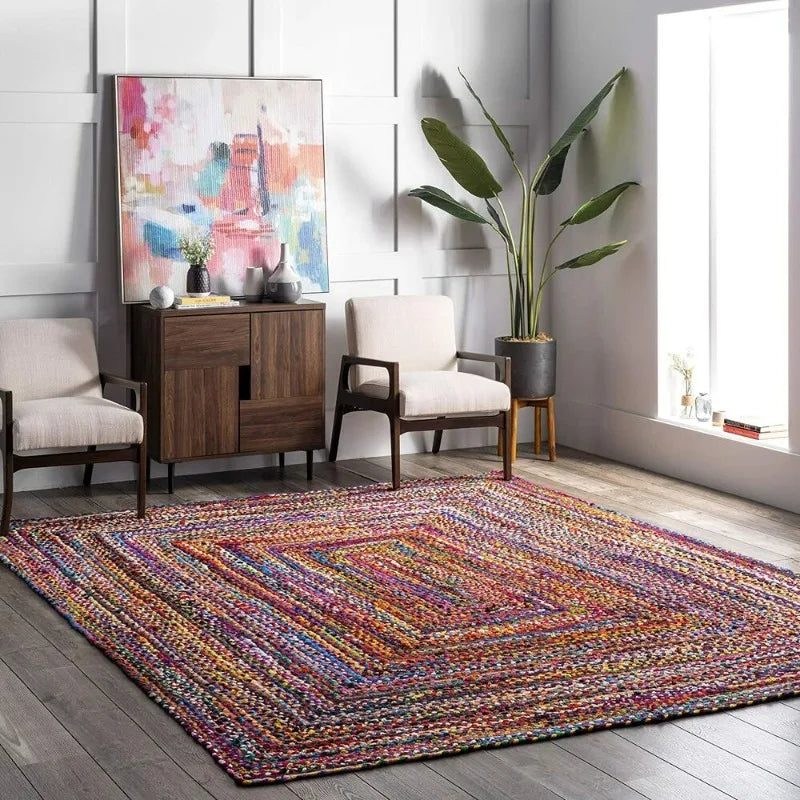 Vibrant Handmade Boho Braided Area Rug - 100% Natural Cotton Braided Style Rug - Modern Living Area Carpet - 200x250cm