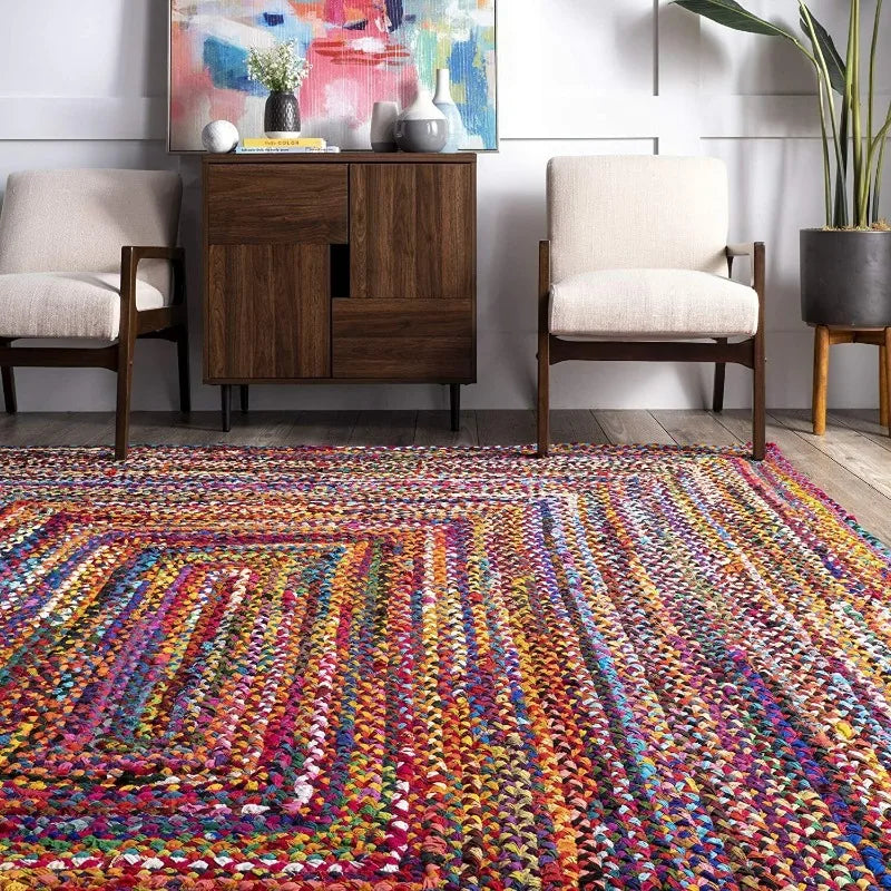 Vibrant Handmade Boho Braided Area Rug - 100% Natural Cotton Braided Style Rug - Modern Living Area Carpet - Interior