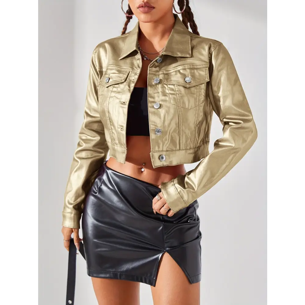 Vibrant Metallic Pinkish Cropped Coat - Chic Y2K Style Outerwear with Button Closure & Collar Detail Perfect for Casual