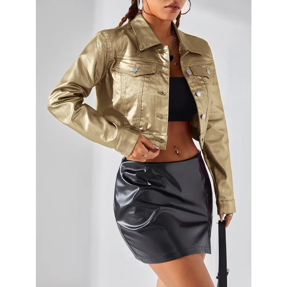 Vibrant Metallic Pinkish Cropped Coat - Chic Y2K Style Outerwear with Button Closure & Collar Detail Perfect for Casual
