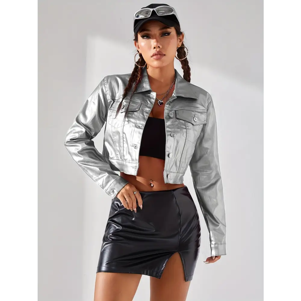Vibrant Metallic Pinkish Cropped Coat - Chic Y2K Style Outerwear with Button Closure & Collar Detail Perfect for Casual