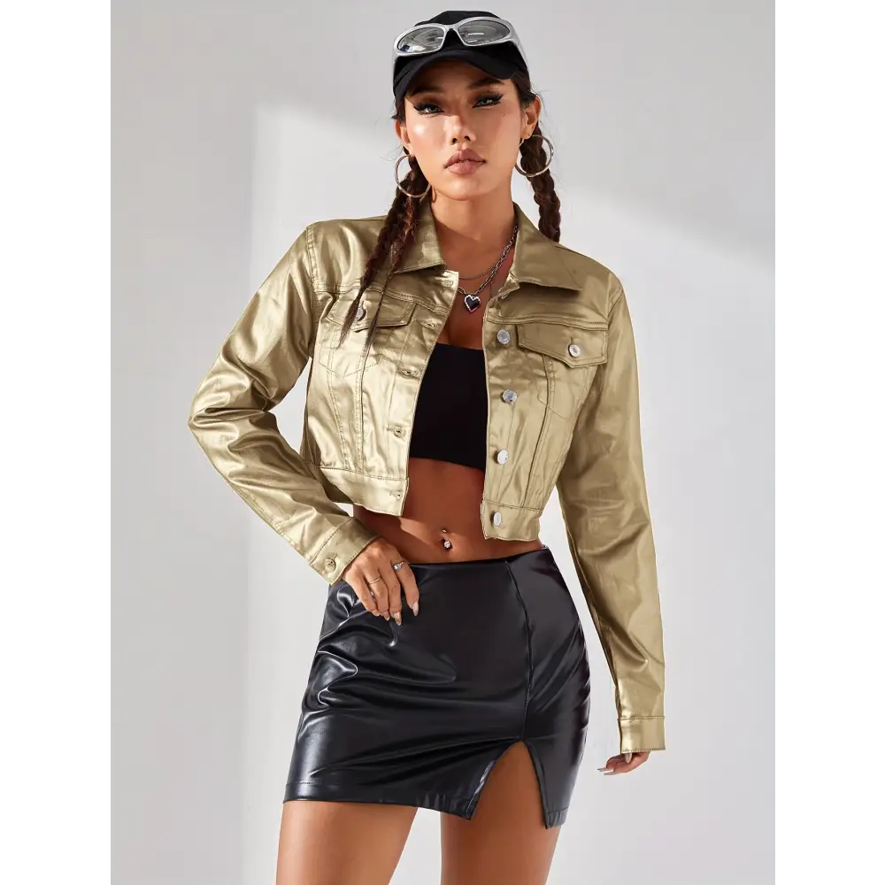 Vibrant Metallic Pinkish Cropped Coat - Chic Y2K Style Outerwear with Button Closure & Collar Detail Perfect for Casual