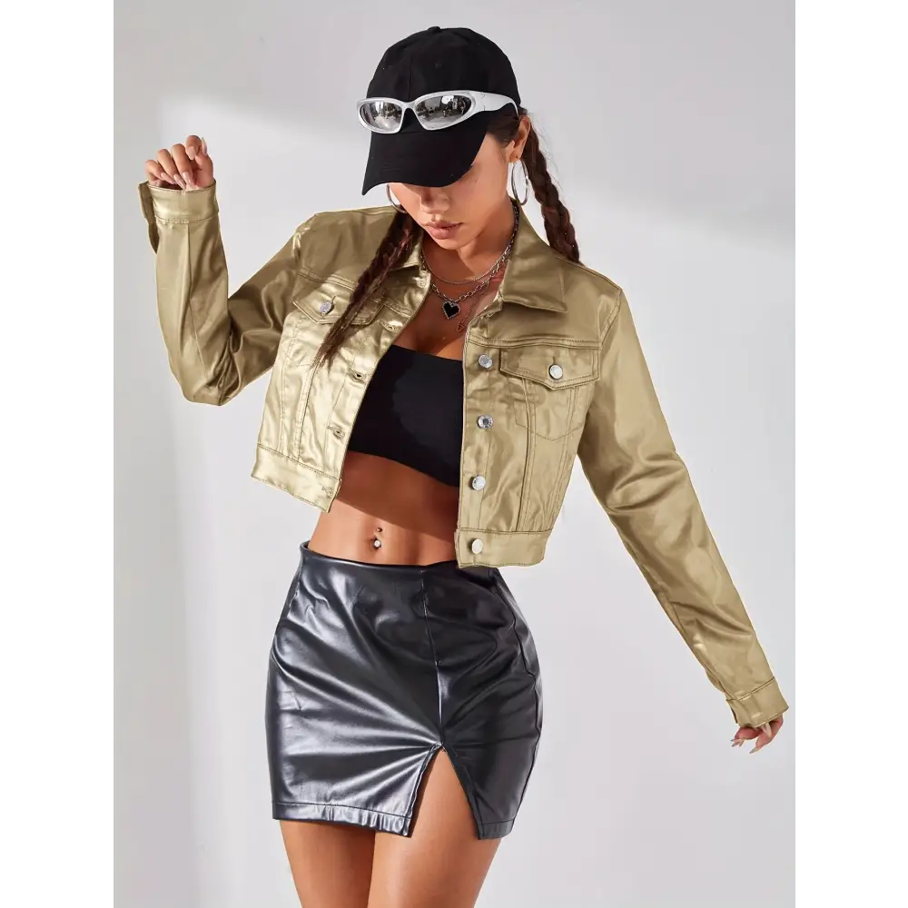 Vibrant Metallic Pinkish Cropped Coat - Chic Y2K Style Outerwear with Button Closure & Collar Detail Perfect for Casual