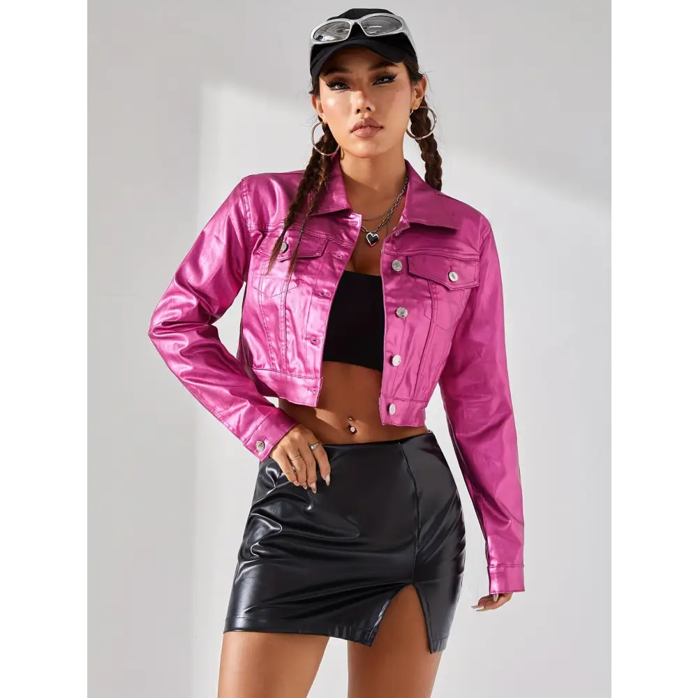 Vibrant Metallic Pinkish Cropped Coat - Chic Y2K Style Outerwear with Button Closure & Collar Detail Perfect for Casual