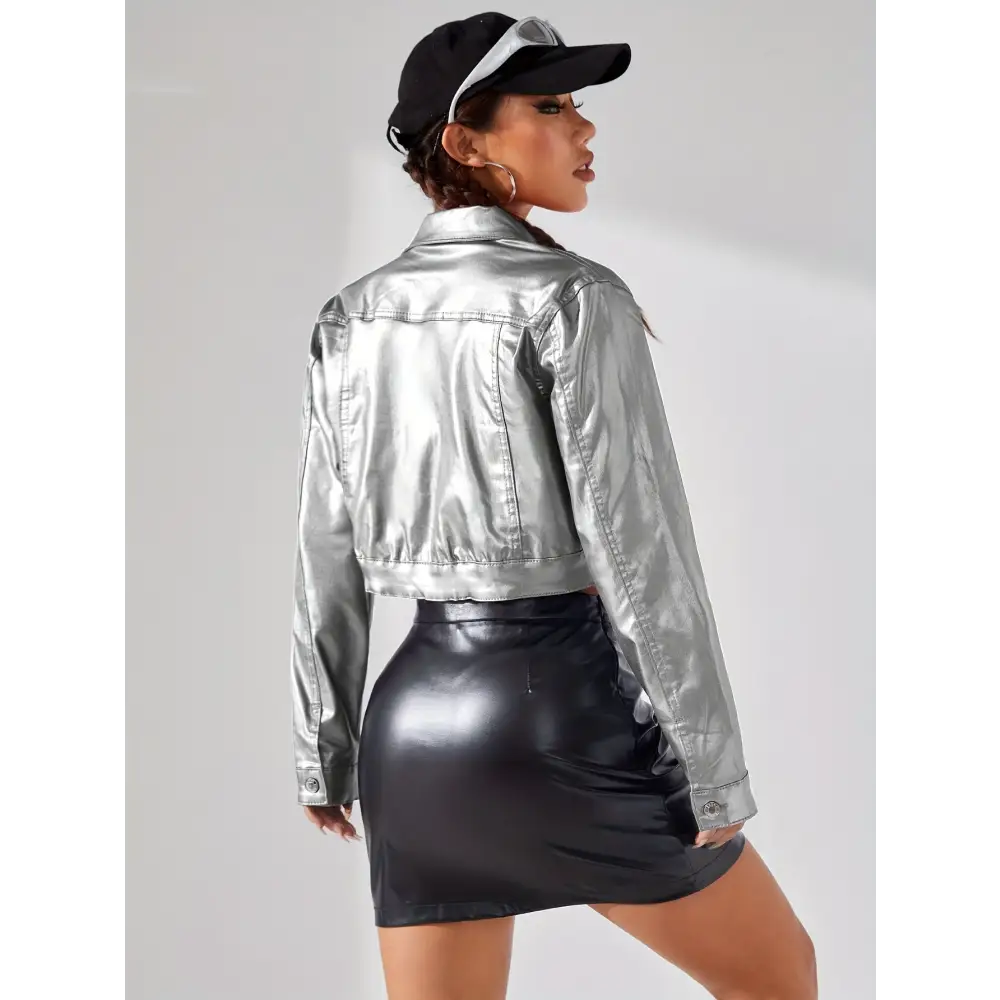 Vibrant Metallic Pinkish Cropped Coat - Chic Y2K Style Outerwear with Button Closure & Collar Detail Perfect for Casual