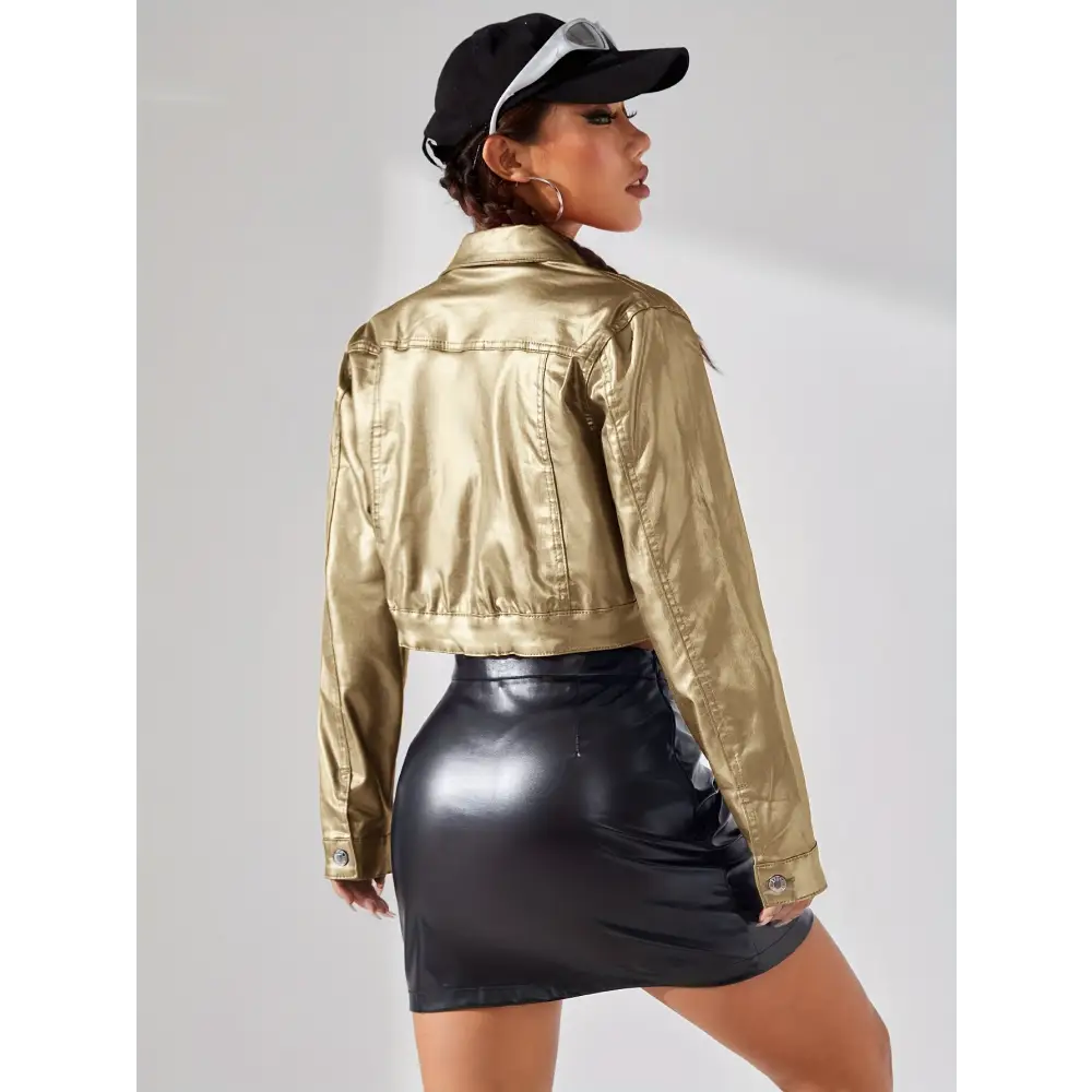Vibrant Metallic Pinkish Cropped Coat - Chic Y2K Style Outerwear with Button Closure & Collar Detail Perfect for Casual