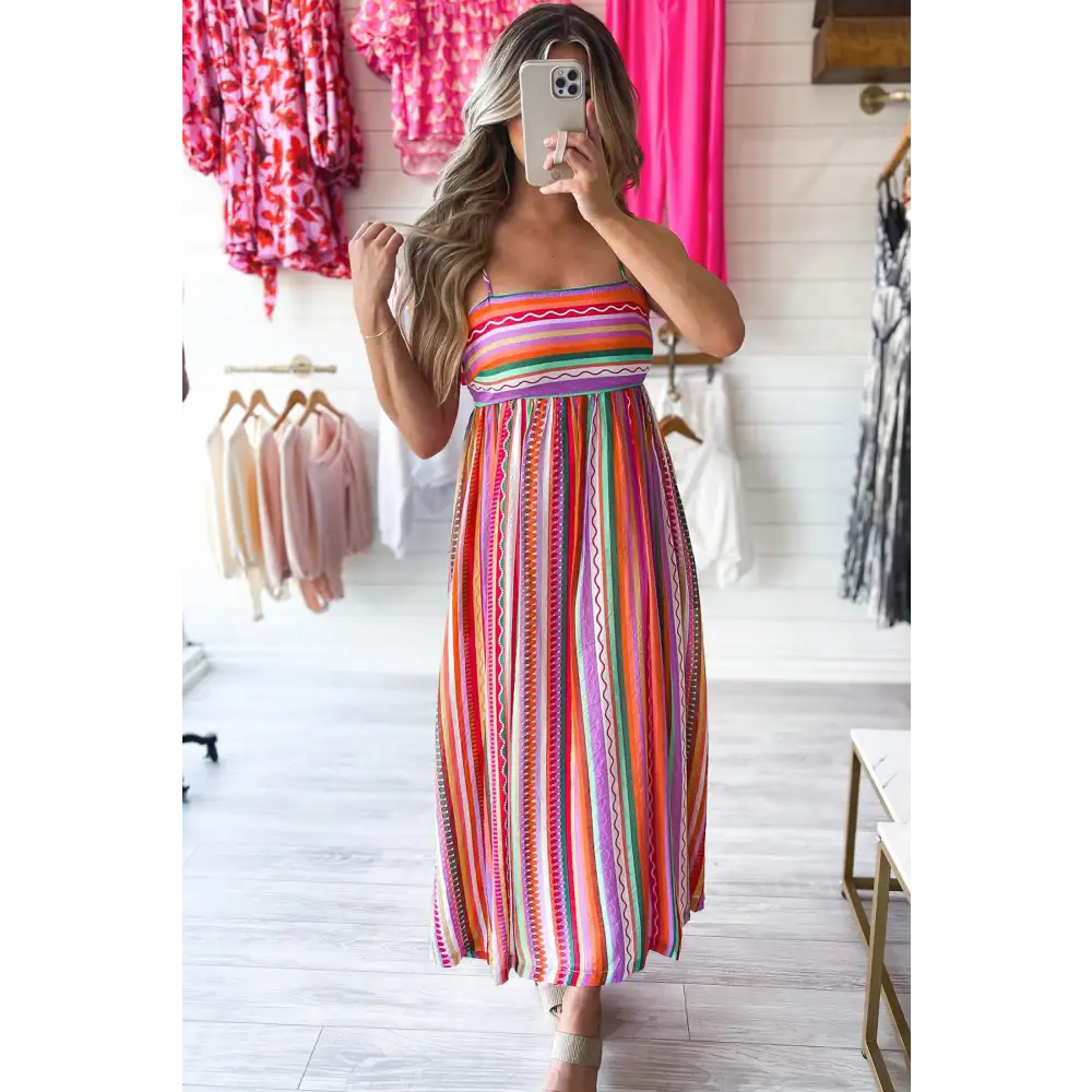 Vibrant Multicolor Boho Striped Maxi Dress with Spaghetti Straps and Smocked Back - Perfect for Beach Days and Summer