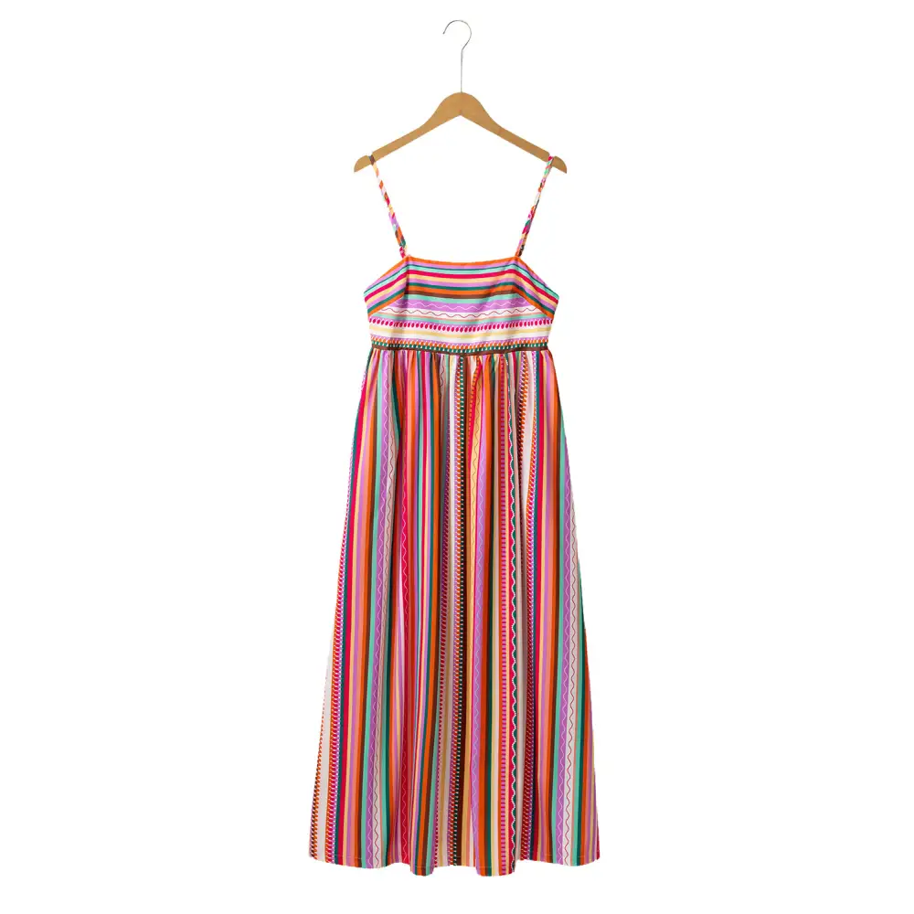 Vibrant Multicolor Boho Striped Maxi Dress with Spaghetti Straps and Smocked Back - Perfect for Beach Days and Summer