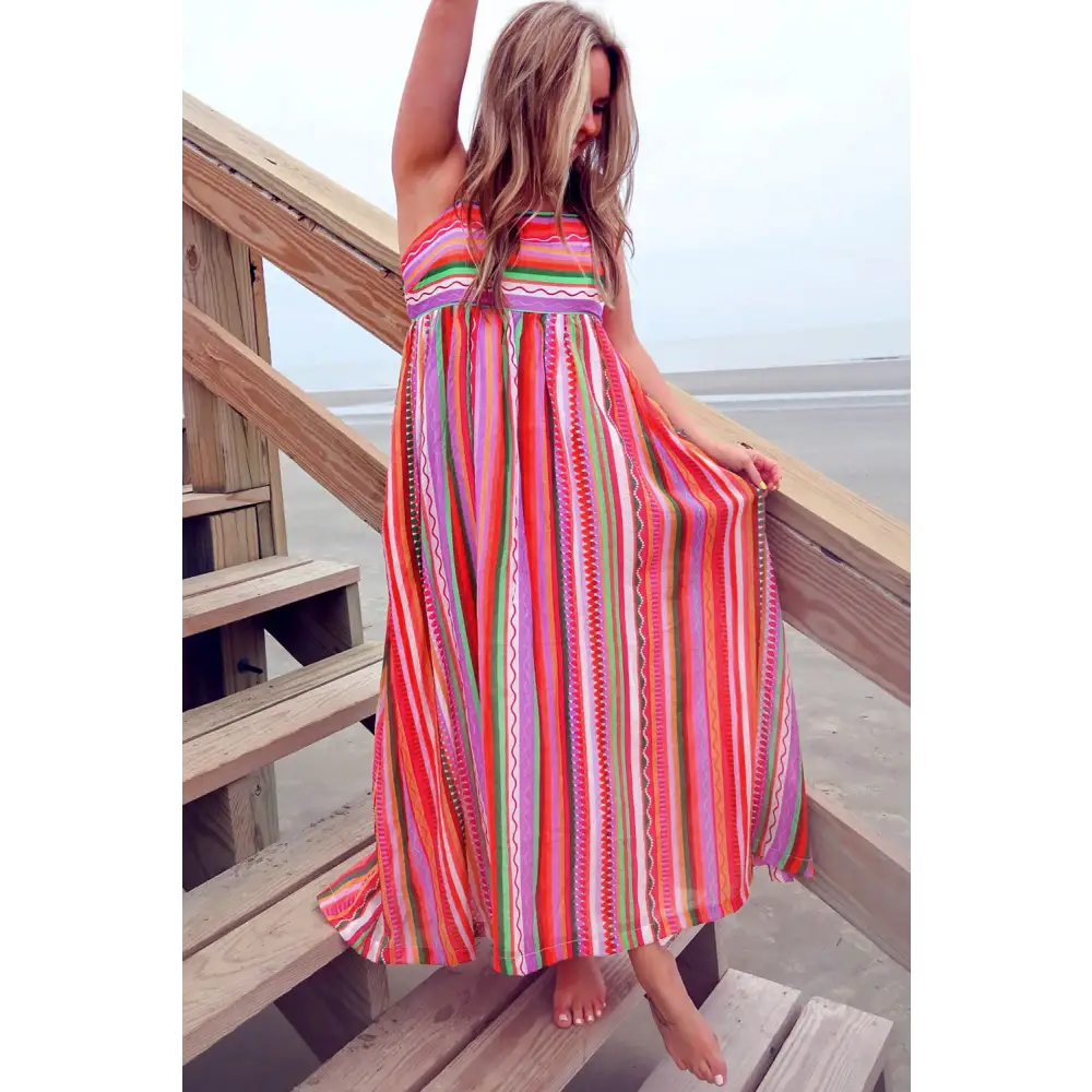 Vibrant Multicolor Boho Striped Maxi Dress with Spaghetti Straps and Smocked Back - Perfect for Beach Days and Summer