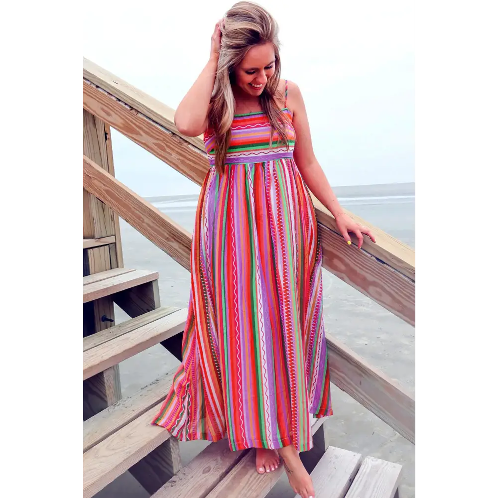 Vibrant Multicolor Boho Striped Maxi Dress with Spaghetti Straps and Smocked Back - Perfect for Beach Days and Summer