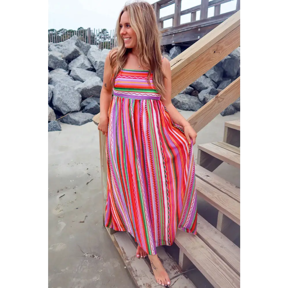 Vibrant Multicolor Boho Striped Maxi Dress with Spaghetti Straps and Smocked Back - Perfect for Beach Days and Summer
