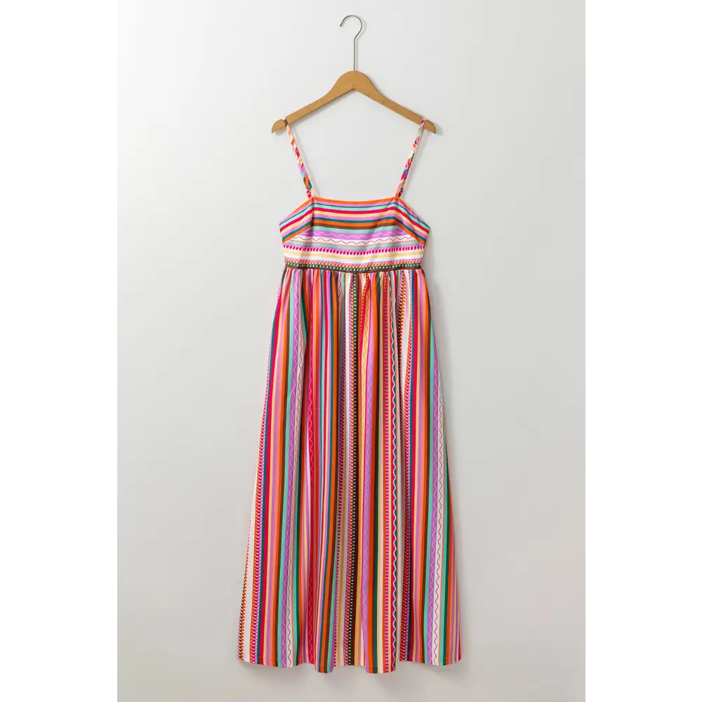 Vibrant Multicolor Boho Striped Maxi Dress with Spaghetti Straps and Smocked Back - Perfect for Beach Days and Summer